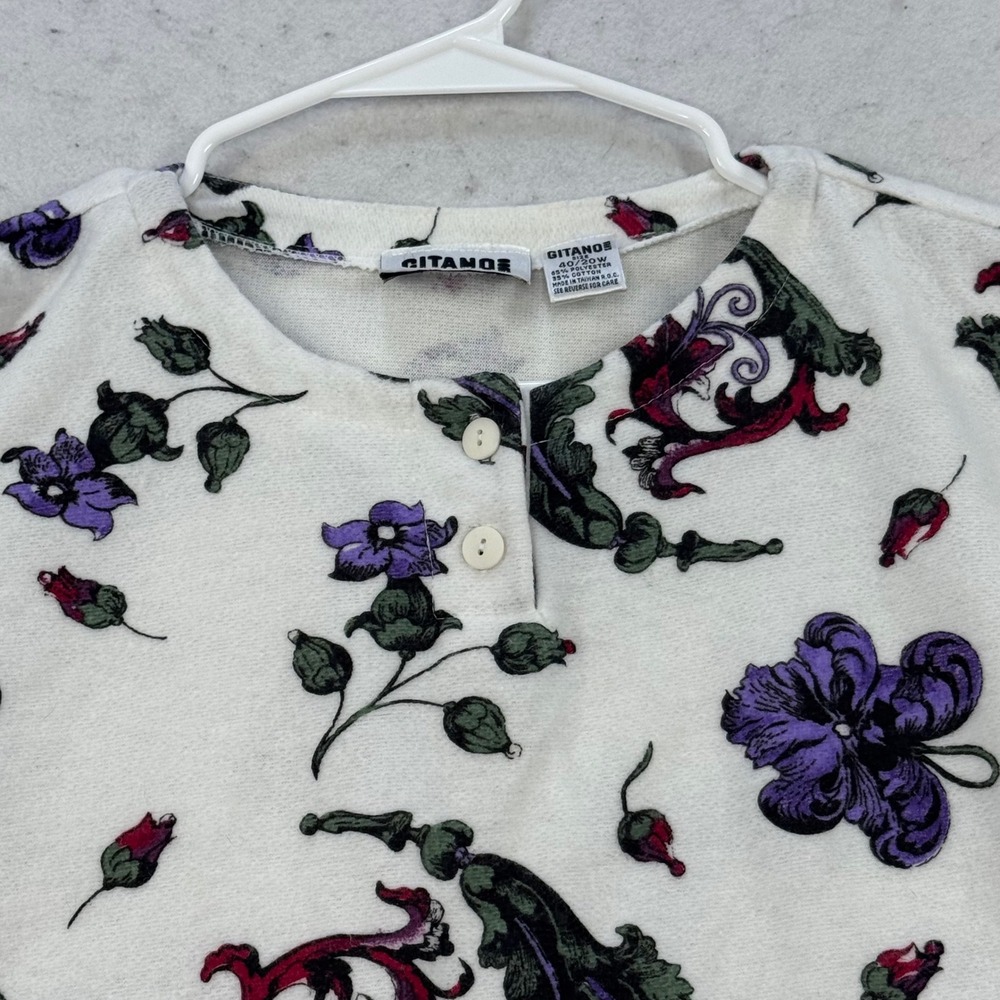 VTG Gitano Knit Pullover Women 20W White Floral Henley LS Cottagecore Cropped - Picture 8 of 11